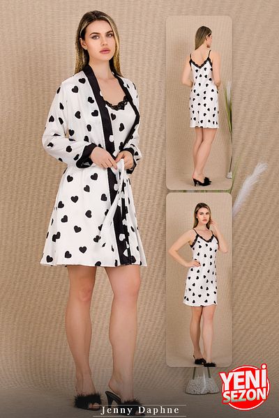 Jenny Daphne Satin White Color Heart Pattern Thin Strap Lace Nightgown and Long Sleeve 2-Piece Dressing Gown Set 15236