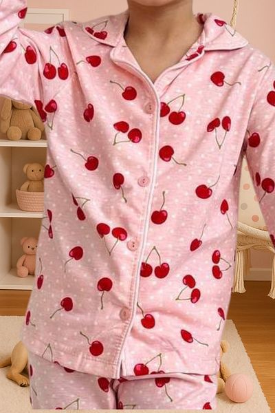 Zekalya Cherry Patterned White Polka Dot Girls' Shirt Collar Buttoned Pink Pajama Set