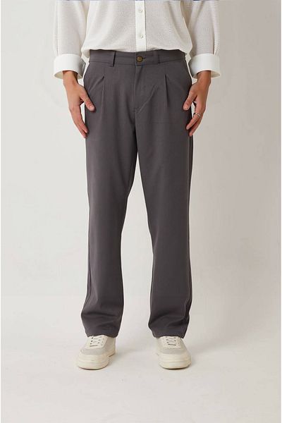 Fandr Store Gray Men's Pleated Elastic Waist Baggy Fit Fabric Trousers