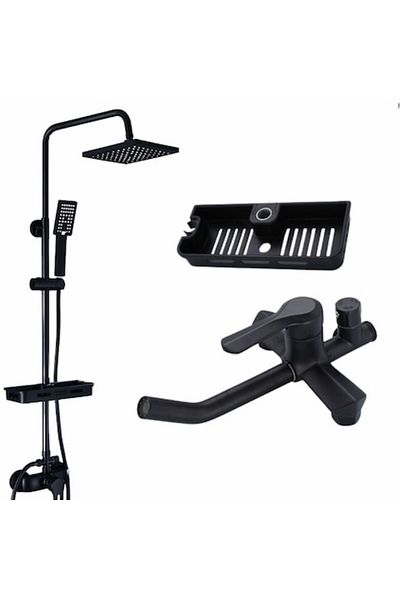 SMART GADGETS C&A Complete Shower Column, 360° Spray, Brass Body, Adjustable Storage Shelf, Black, 110-140 CM