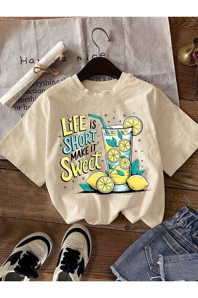 aynewmoda T-Shirt with Lemon and Letter Print, Short Sleeve, Round Neck