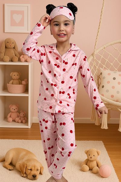 Zekalya Cherry Patterned White Polka Dot Girls' Shirt Collar Buttoned Pink Pajama Set