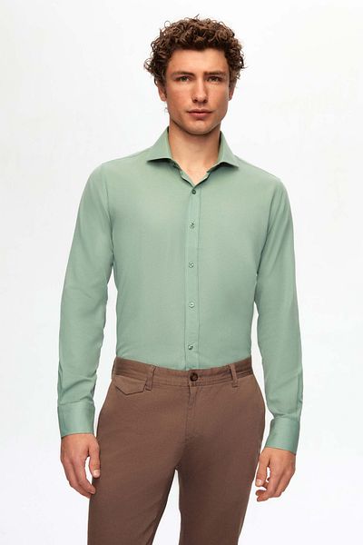 D'S Damat Ds Damat Slim Fit Πράσινο/Λευκό ιταλικό πέτο Easy Ironing πουκάμισο 2 τεμαχίων