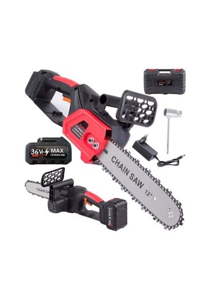 chain Drujba electrica cu lant, cu 2 acumulatori, 1200 W, lama 30 cm, 4200 rpm, negru cu rosu
