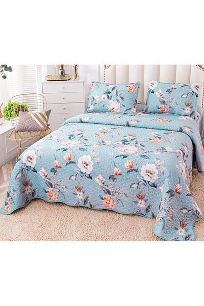 trendyhome Double Bedspread, Velvet, 3 Pieces, Poppies, Blue, P23729