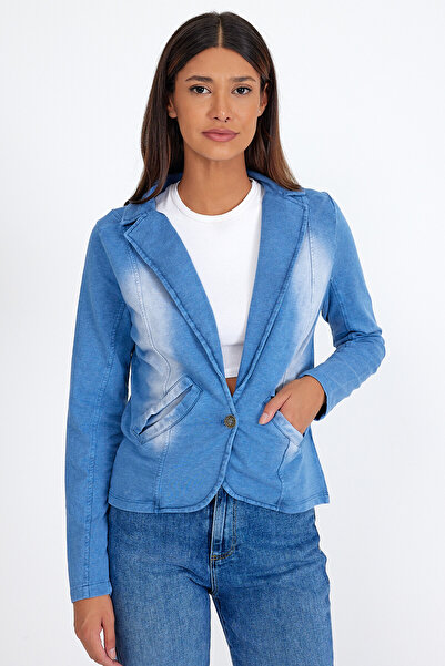 BEGBOR LİNGERİE Women's Blue Denim Look Blazer Jacket – Slim Fit Single Button Denim Look