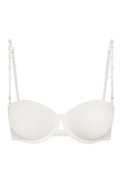 ESOTIQ Balconette Bikini Top Swim Bra Underwired Ribbed with Decorative Straps & Front Cut-Out | Pearl