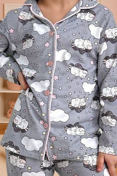 Zekalya Lamb and Cloud Pattern Girl's Shirt Collar Button Gray Pajamas Set