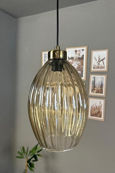 Bamyum Yolza Cam Bal Rengi Tekli Avize Küçük Plafonyer Başlık Retro Sarkıt Lamba Salon Aydınlatma