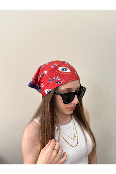 sema aksesuar Evil Eye Beaded Eye Patterned Bandana - Sun Moon Star Patterned Rayon Fabric Scarf Gift
