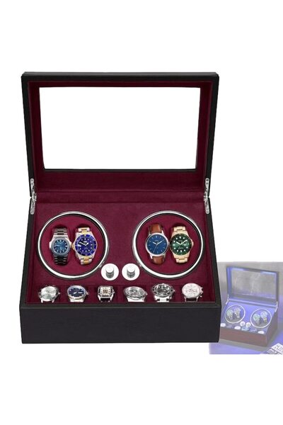 Cgenion Cutie automată de lux pentru ceasuri 4+6 cu interior din catifea roșie, LED, neagră