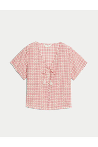 Marks & Spencer Saf Pamuklu Kareli Bağcıklı Pijama Üstü