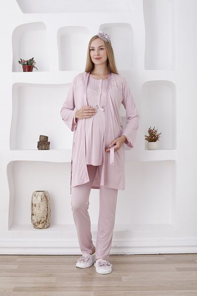 Lohussa Women's Powder Special Design Buttoned Lace Maternity Maternity Dressing Gown Pajama Set Set of 3