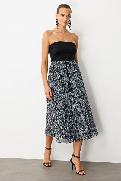 accort Beli Lastik Pileli Şifon Etek-SİYAH