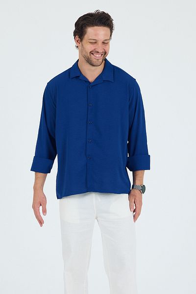Trn JNS Tokyo Parliament Blue Summer Aerobin Linen Textured Comfortable Fit Oversize Men's Shirt