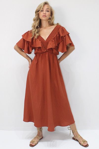 VAGGON Rochie țesută de damă, cu guler țiglă, cu gipese și talie cu volan, cu centură Vgn-x8559