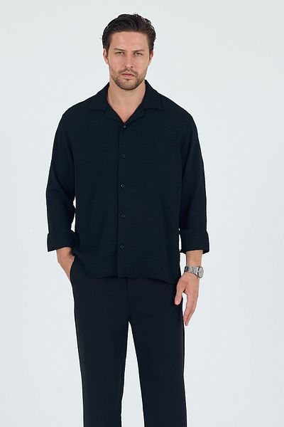 Trn JNS Berlin Black Summer Aerobin Linen Textured Comfortable Fit Oversize Men's Shirt