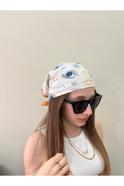 sema aksesuar Evil Eye Beaded Eye Patterned Bandana - Sun Moon Star Patterned Rayon Fabric Scarf Gift