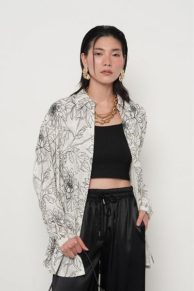 Orfeo Negro Cămașă JACQUARD DE MĂRIME MARE CU MOLȚI DE FLORI ALB-NEGRE DE FEMEI