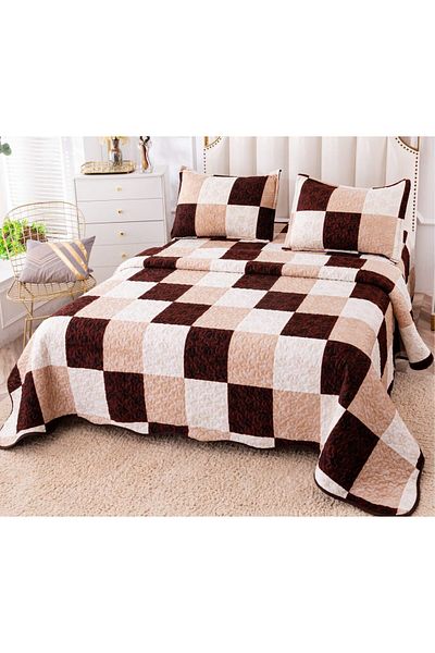 trendyhome Double Bedspread, Velvet, 3 Pieces, Squares, Cream/Brown, P23727