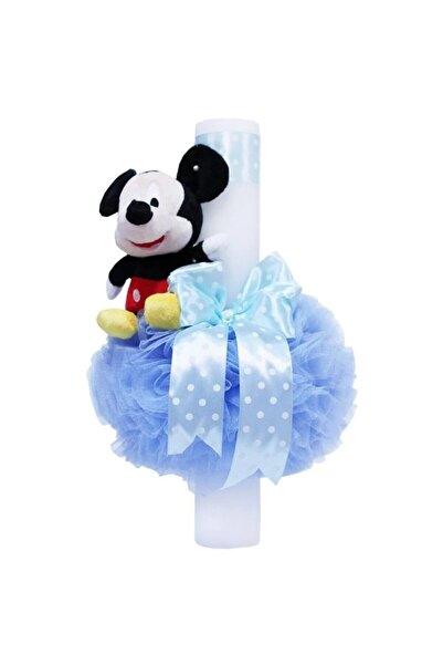 OEM Lumânare de botez, tul și pluș, Mickey Mouse, 35x5cm, albastru deschis