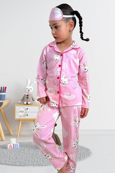 Zekalya Rabbit Unicorn Patterned Shirt Collar Girls Pink Pajama Set