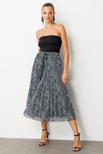 accort Beli Lastik Pileli Şifon Etek-SİYAH