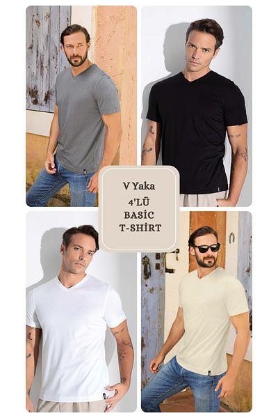 Aydoğan Men's Basic V-Neck T-Shirt 4 Pack Black-White-Smoked-Beige