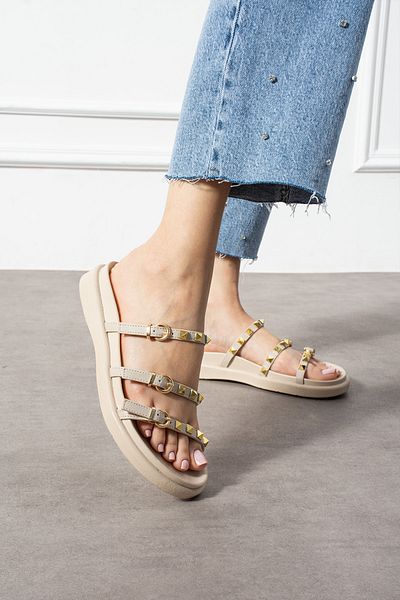 KOTAN Papuci eleganti de damă cu cataramă cu detalii de piatră – Accesorii de culoare auriu crem