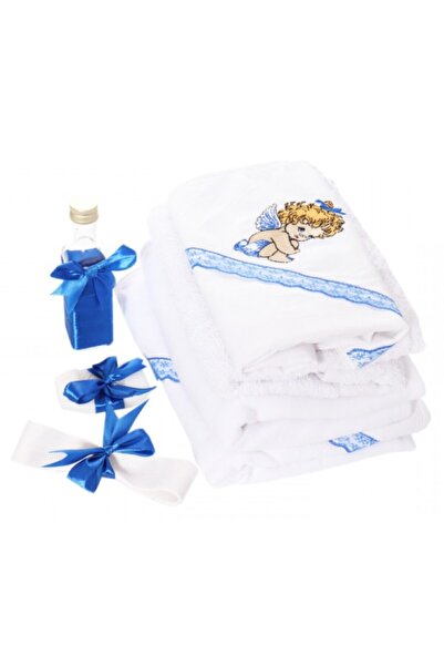 OEM Set botez, 7 piese, model înger brodat, alb-albastru închis