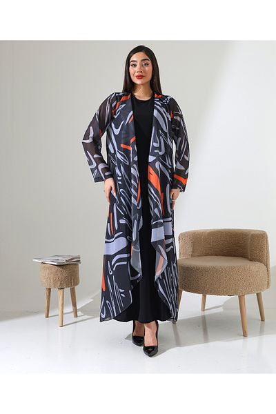 Fi'l Arz Fashion Shawl Collar Patterned Chiffon Cardigan
