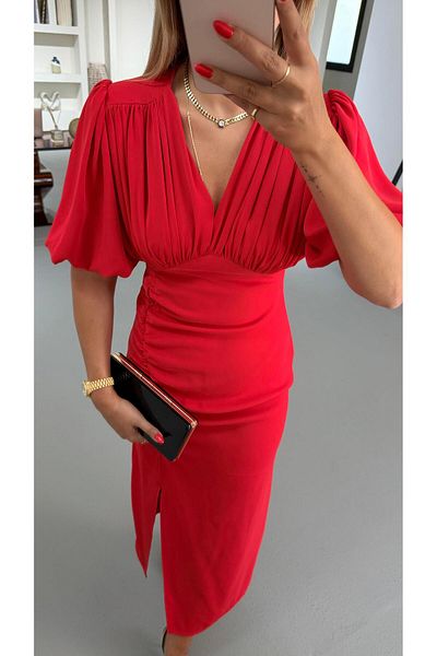Sezgi Tekin Drape Detail Slit Red Satin Dress