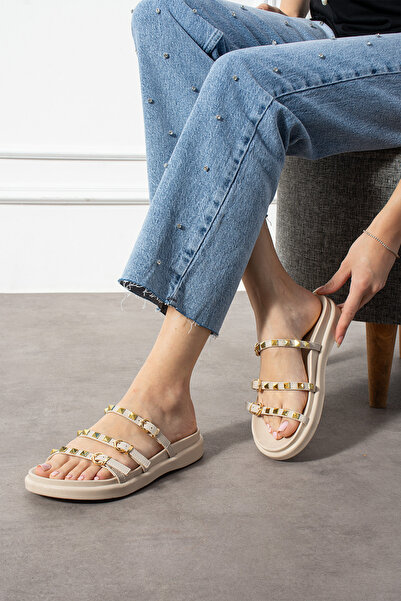 KOTAN Women's Stone Detailed Buckle Stylish Slippers – Cream Gold Color Accessories