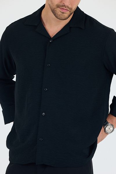 Trn JNS Berlin Black Summer Aerobin Linen Textured Comfortable Fit Oversize Men's Shirt