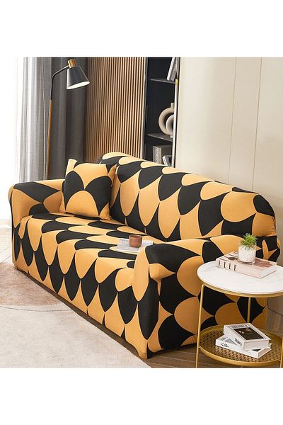 trendyhome Elastic Cover with Arms, 3-Seater Sofa, Black/Yellow, J12297