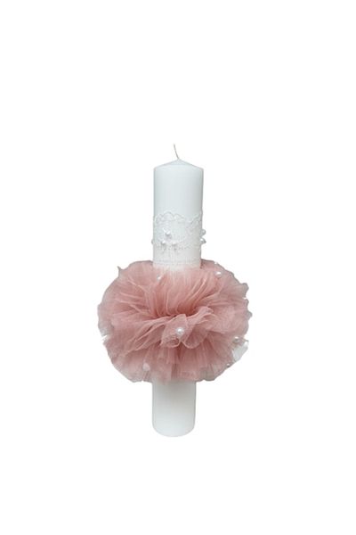 OEM Lumânare de botez, decorată cu tul și perle albe, 35 cm, roz somon