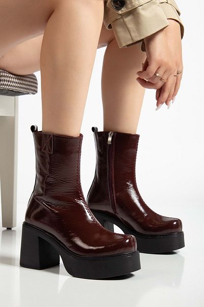 ANALİN SHOES Women's Genuine Leather Thick Soled Heeled Boots - Burgundy Patent Leather