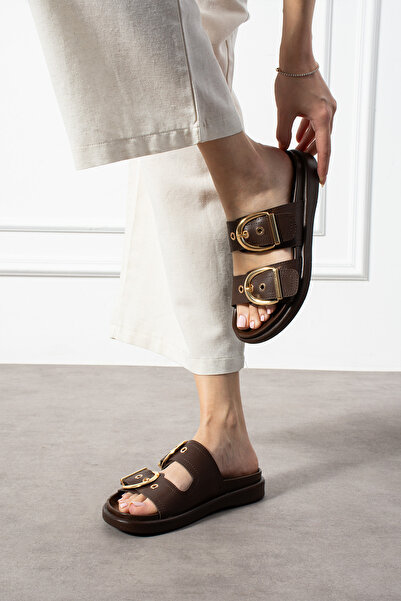 KOTAN Дамски кафяво-златисти ортопедични чехли с катарами – стилен и удобен летен модел