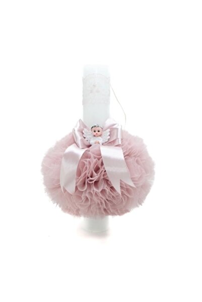 OEM Λαμπάδα Βάπτισης, Τούλι, Ρητίνη Άγγελος, 35x5εκ., Ροζ Πούδρας