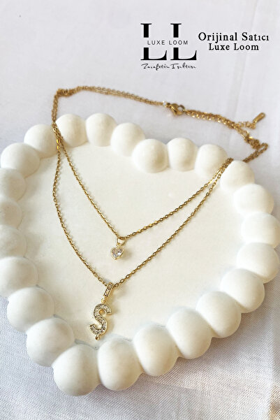 Luxe Loom Zarafetin Işıltısı Kadın Kararmayan Çelik Gold Zirkon Taşlı Küçük Kalpli Ş Harfli Çift Katman Kolye Gold006