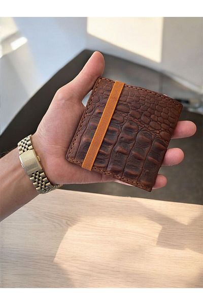DERİONLİNE Crocodil (Crocodile Printed) Printed Tan Color Men's Leather Wallet – Hand Stitched, Card Holder Compartment