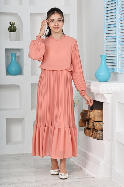 Asortix Kız Çocuk Uzun Boydan Pliseli Pamuklu Şifon Uzun Elbise