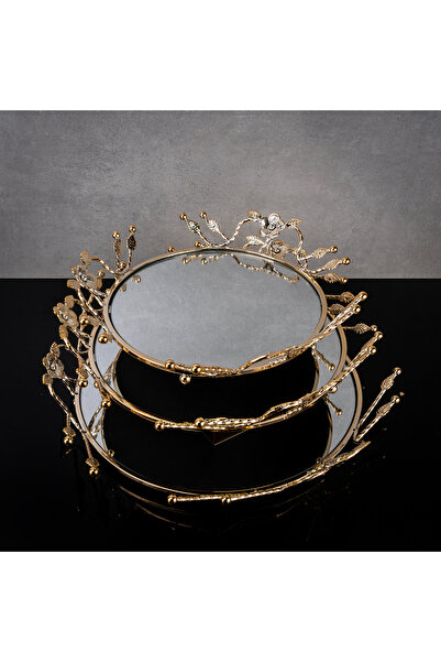 Hinora Zamak Desen Aynalı Yuvarlak 3Lü Şık Tepsi Set 31-35-41CM