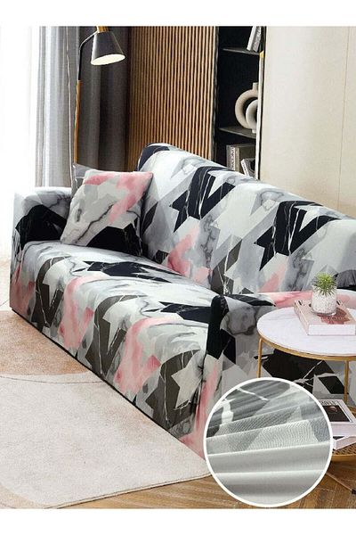 trendyhome Elastic Cover with Arms, 2-Seater Sofa, Grey/Black/Pink, J11207