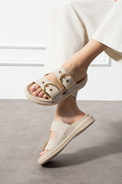 KOTAN Women's Cream Gold Buckle Orthopedic Slippers – Stylish and Comfortable Summer Model