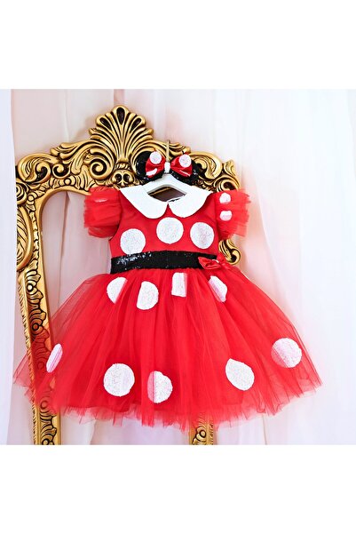 sara tasarım Kız Çocuk için Beyaz Benekli Kırmızı elbise minni fare kostüm, n...