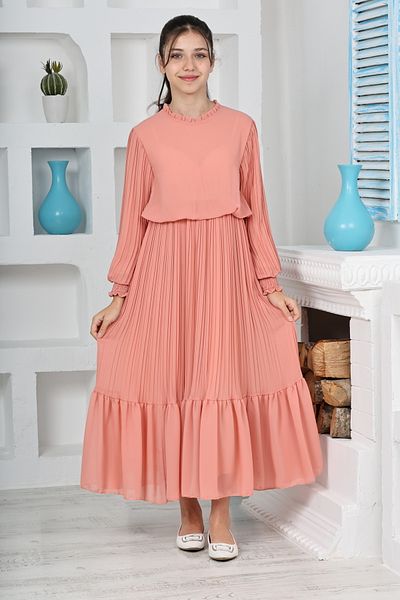 Asortix Girls' Long Length Pleated Cotton Chiffon Long Dress