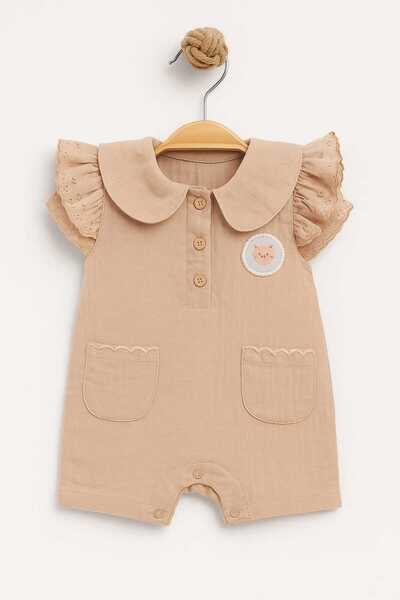 Lino Baby ARMALI %100 PAMUK ALTTAN ÇITÇITLI MÜSLİN KIZ BEBEK TULUM 3-12 AY