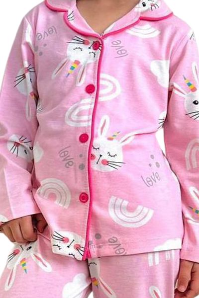 Zekalya Rabbit Unicorn Patterned Shirt Collar Girls Pink Pajama Set