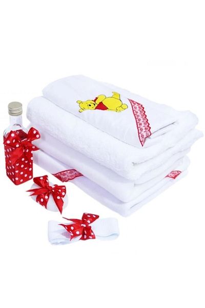 OEM Trusou Botez Baieti, 7 piese, Winnie the Pooh, Brodat, Alb-Rosu